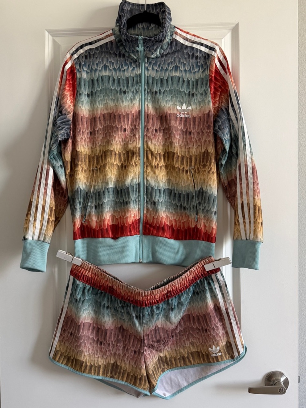adidas Multicolor Feather-Print Zip Jacket & Shorts Set - Red, Blue, Gold